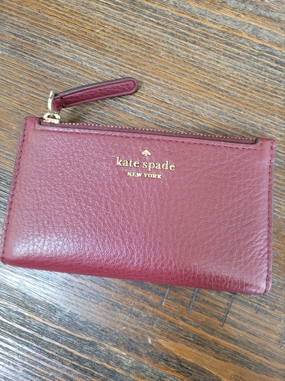 kate spade New York Burgundy Leather Zip Card Holder Wallet
